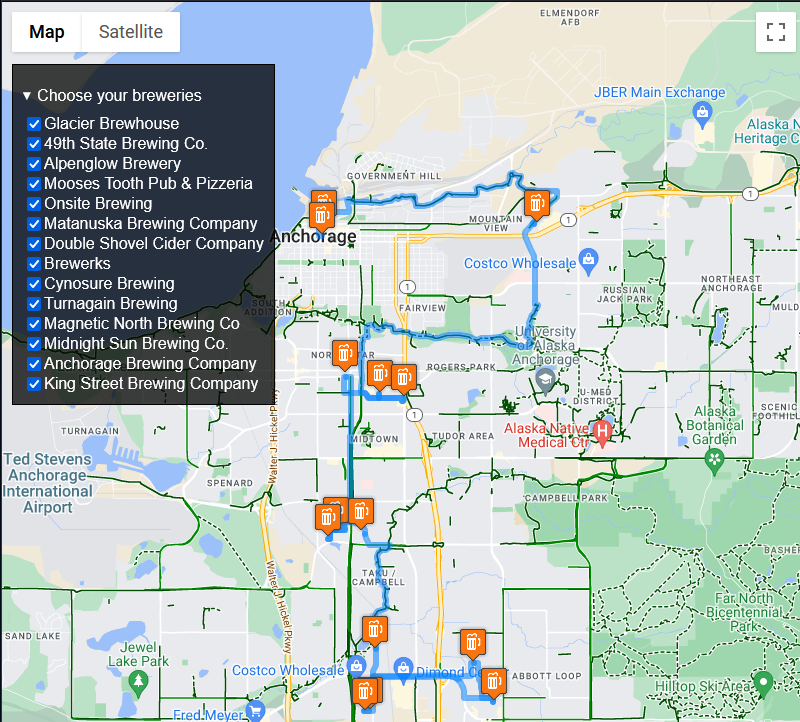 A Google map of the bike trails used to get from brewery to brewery.