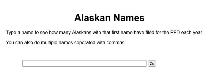 Alaska Names website with input field to enter names and an empty graph.